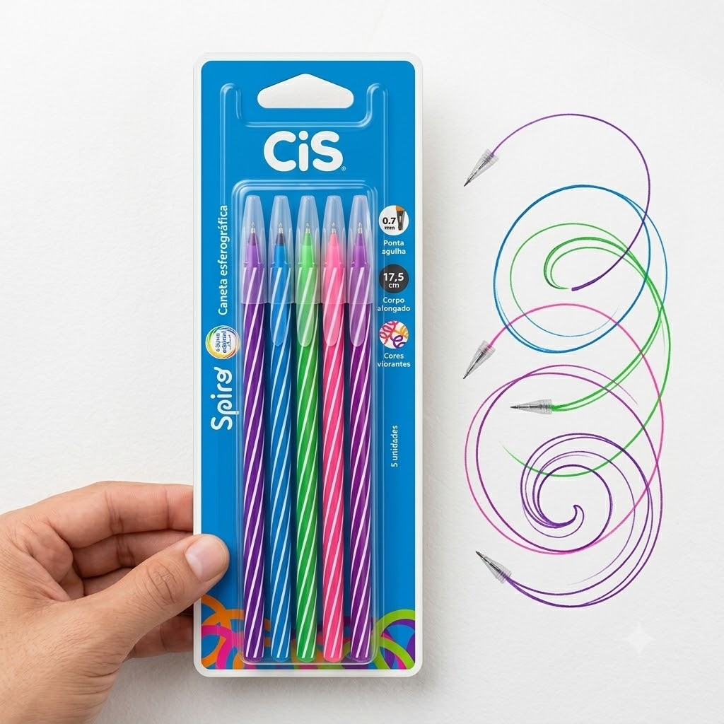 Caneta Esferográfica Colorida CiS Spiro 0.7mm Ponta Agulha Corpo Alongado Kit 5 Unidades Colorida