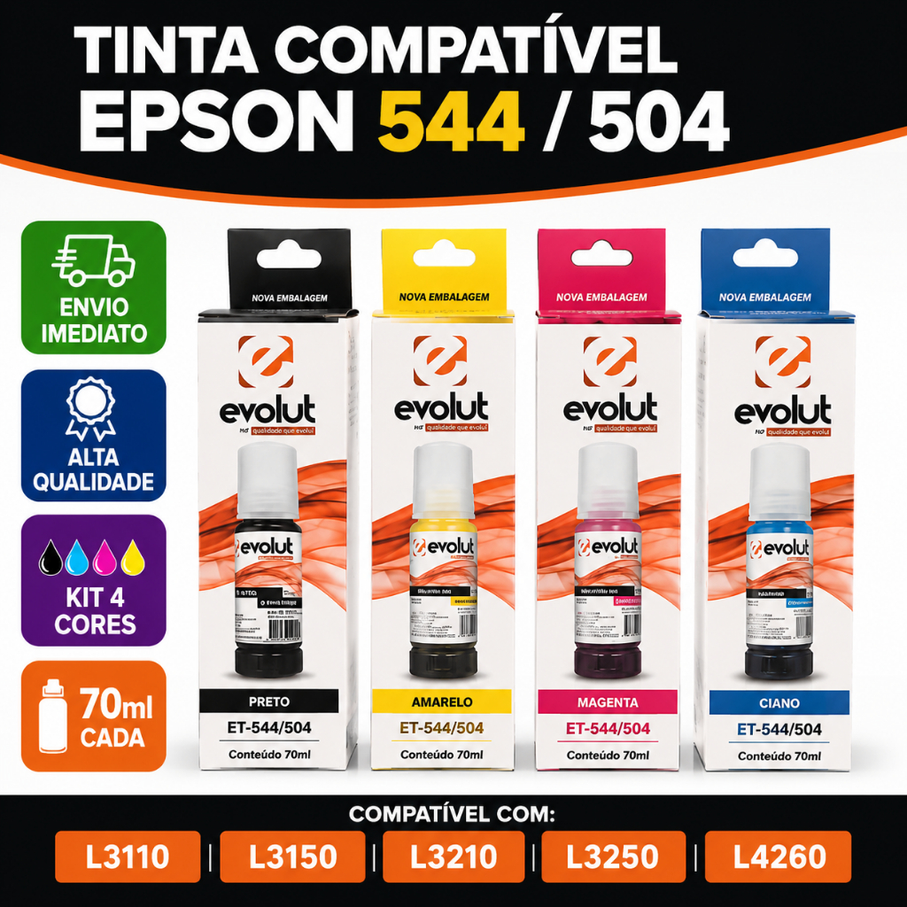 Kit 4 Tintas Compatível Epson 544 504 Ecotank 70ml L3110 L3150 L3210 L3250 L3251 L3260 L4260 Premium