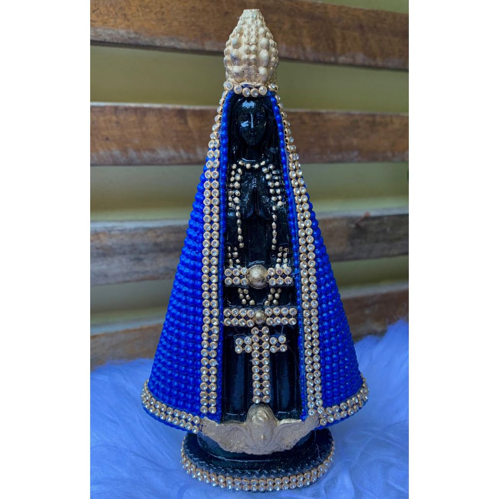 Imagem Luxo Nossa Senhora Aparecida Manto Azul detalhes com strass Dourado 20cm