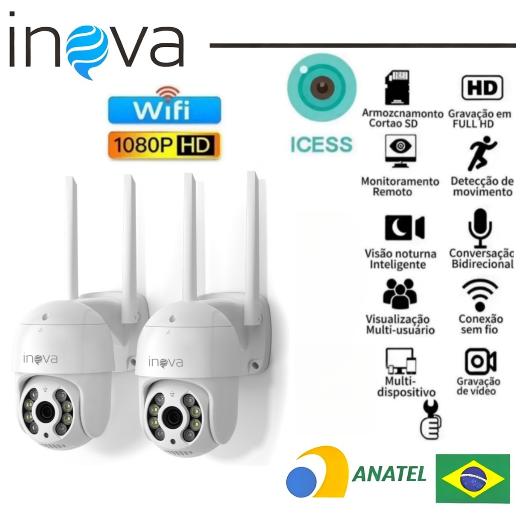 INOVA Câmera segurança Prova D'água sem fio gira 360° HD 1080P IP66 APP YOOSEE 110-220V ICSEE