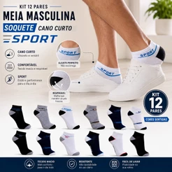 Kit 12 Pares Meia Masculina Soquete Cano Curto Sport Adulto 40 ao 46 Cores Sortidas