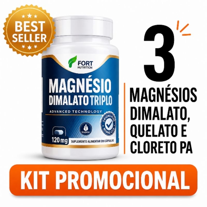 Magnésio Triplo 120 Cápsulas | Dimalato + Quelato + Cloreto de Magnésio P.A. | Alta Absorção