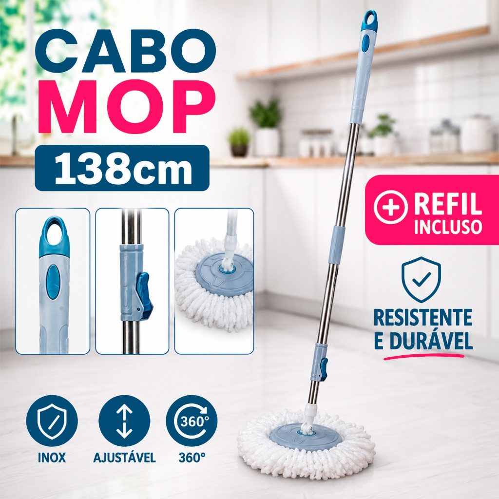 Cabo Mop Giratório 138cm + Refil Microfibra | Haste Inox Regulável 360° para Reposição
