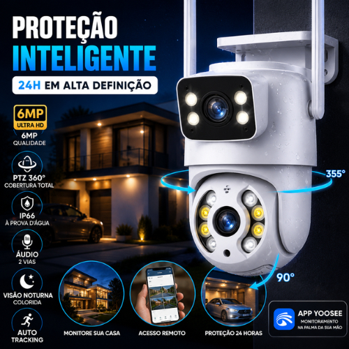 Câmera IP WiFi Externa PTZ 360° 6MP Dupla Lente Visão Noturna Colorida Auto Tracking Áudio 2 Vias IP66 Segurança