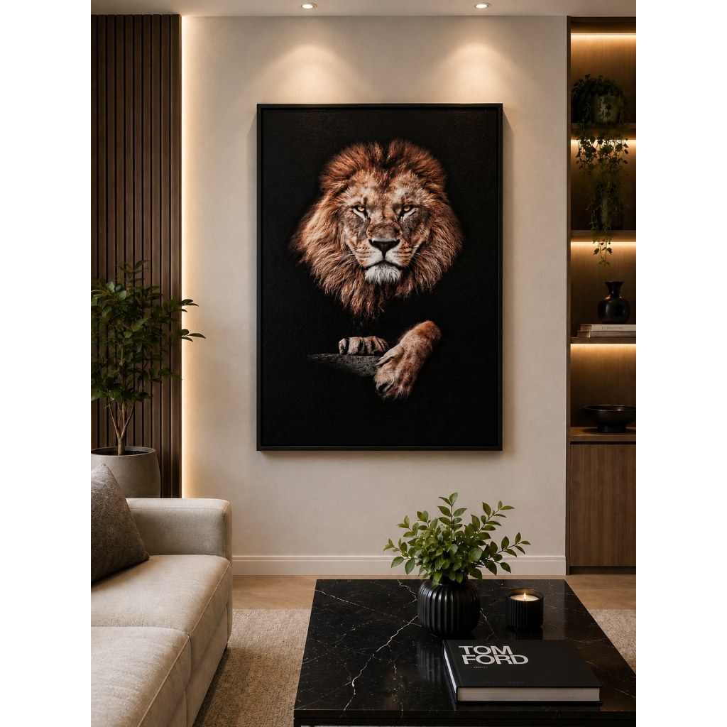 QUADRO DECORATIVO LEÃO RESINADO, MOLDURA CAIXA 53x73 LEÃO fundo preto SALA/DECORAÇÃO/PAREDE/QUARTO