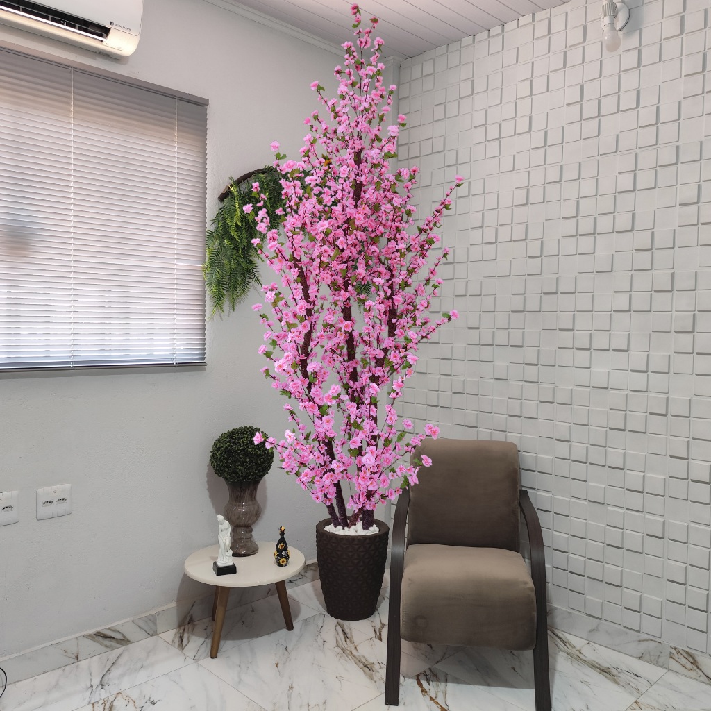 Árvore Artificial Cerejeira Sakura Grande 270cm Rosa Vaso e Pedra · foto 2