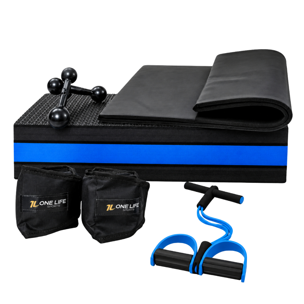 Kit Treino Casa Completo – Par Halter 2 kg, Par Caneleira 3 kg, Extensor e Step | Fitness