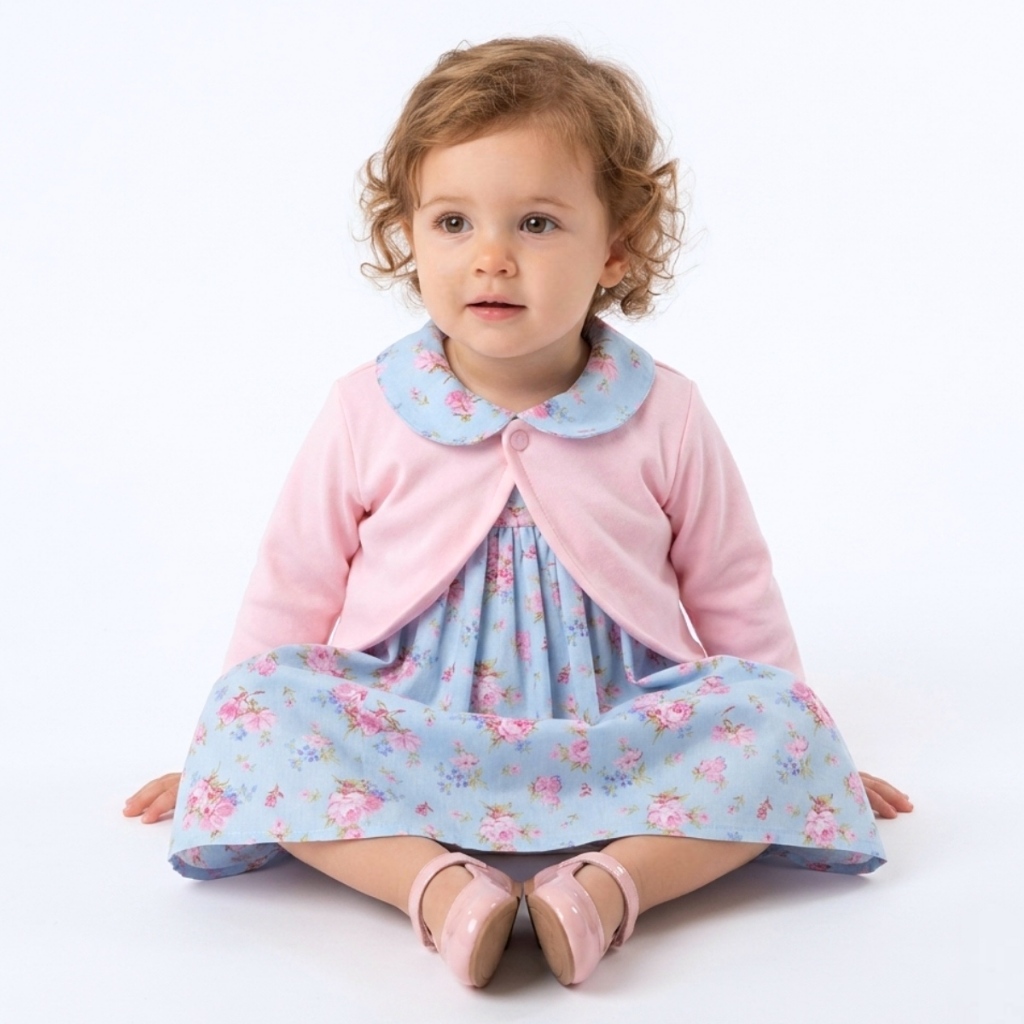 Vestido Infantil Floral Azul em Algodão com Bolero de Plush Rosa Inverno 2 Meses a 4 Anos Mundo Nina