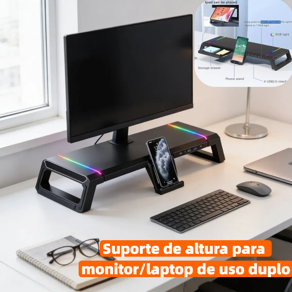 SUPORTE BASE PARA MONITOR Mesinha ergonômico Iluminação RGB, TYPE-C*1 + USB2.2*3 SEISA DN-H641