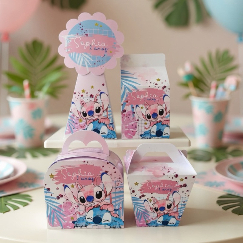 KIT FESTA LEMBRANCINHAS CAIXINHAS PERSONALIZADAS ANGEL E STITCH (PEGUE E MONTE) | DECORAÇÃO DE MESA
