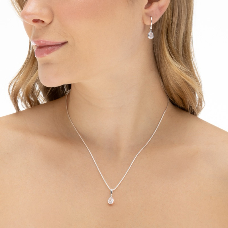 Conjunto Colar E Brinco Gota Cristal Feminino Em Prata 925