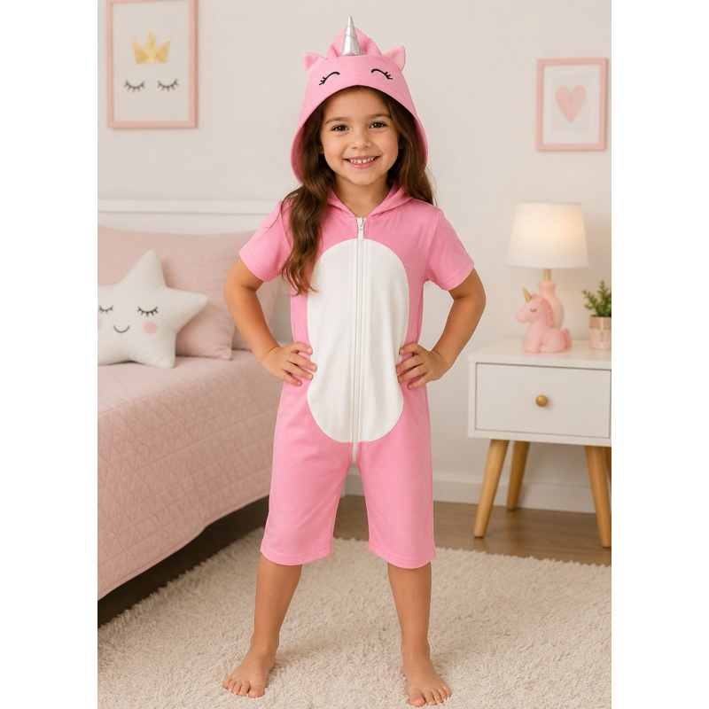 Macacão Pijama Infantil Unicórnio com Capuz
