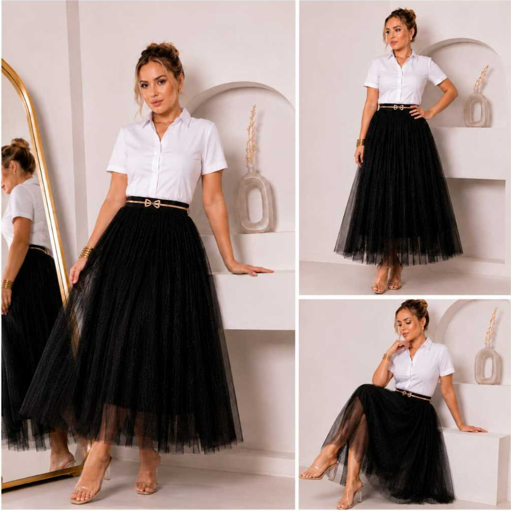 Saia Midi Tule Cristal com Brilho Glitter Forrada Elegante Evangélica Festividade