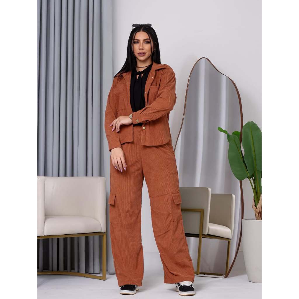Conjunto Feminino Casaco E Calça Casual Cargo em Veludo Cotelê  Frio Elegante Moda Casual