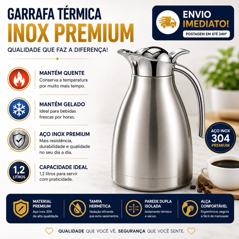 Garrafa Térmica de Café Inox 1,2L Garrafa de Café Inox Lux Resistente Aço Inox Original Térmica