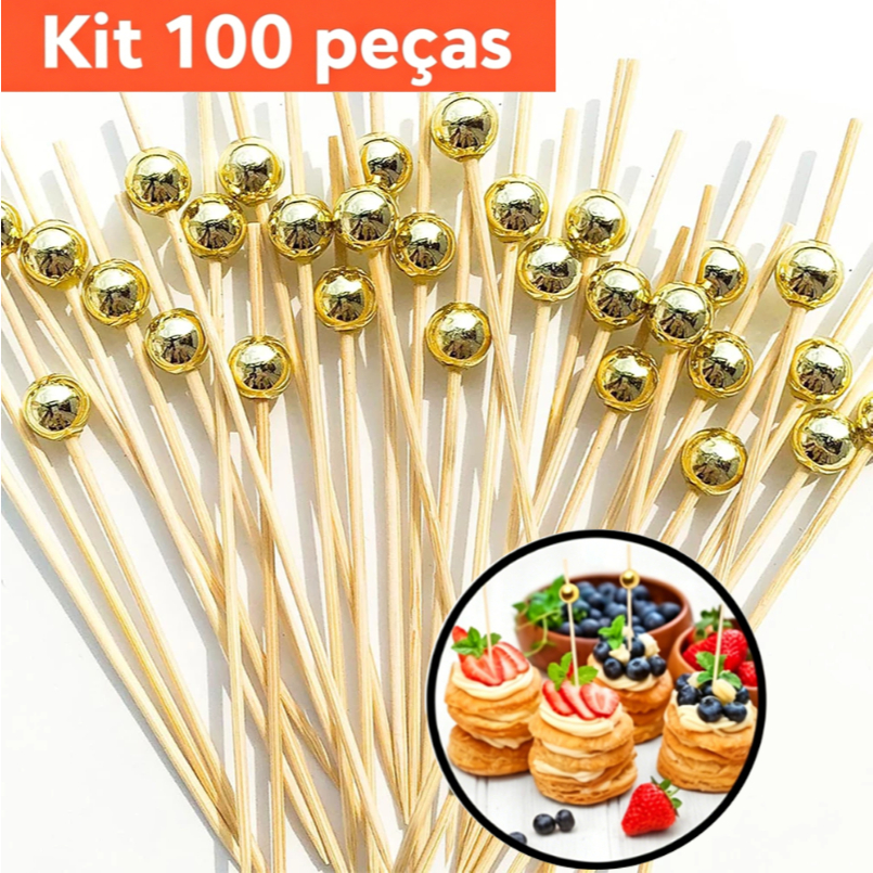 Kit 100 Palitos de Bambu 12cm para Petisco Decorado Bolinha Dourada Canapé Festa Decoração Salgadinhos