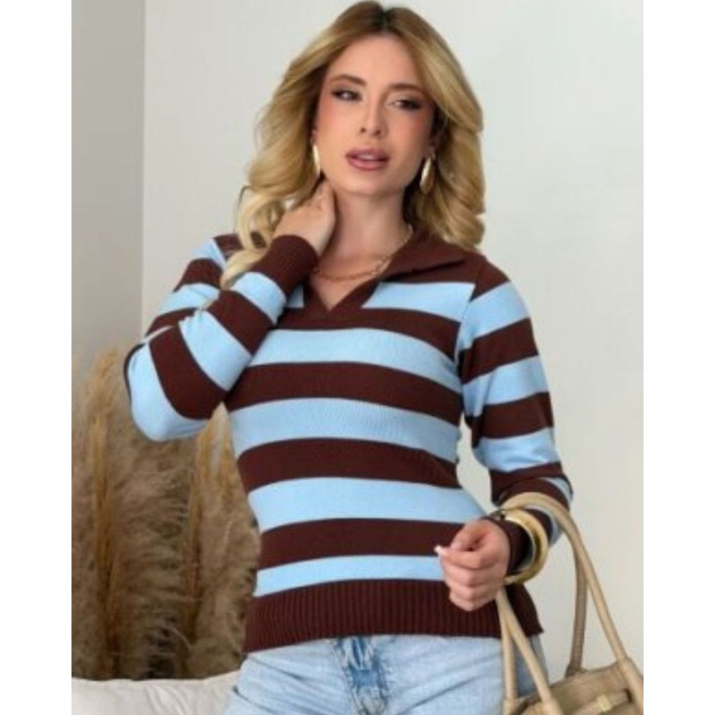 Blusa Feminina Tricô Manga Longa Listrada Outono Inverno Gola Polo Tricot Confortável Moderno