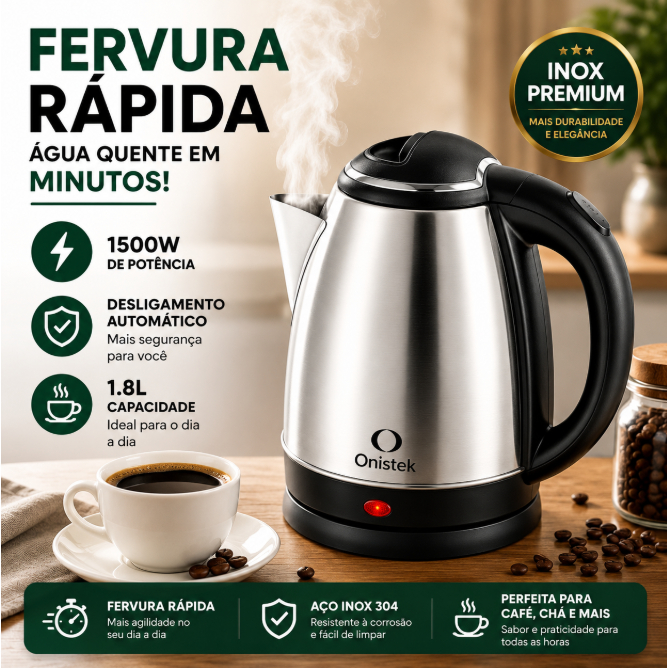 Chaleira Elétrica Inox 1.8L 1500W Fervura Rápida Para Café