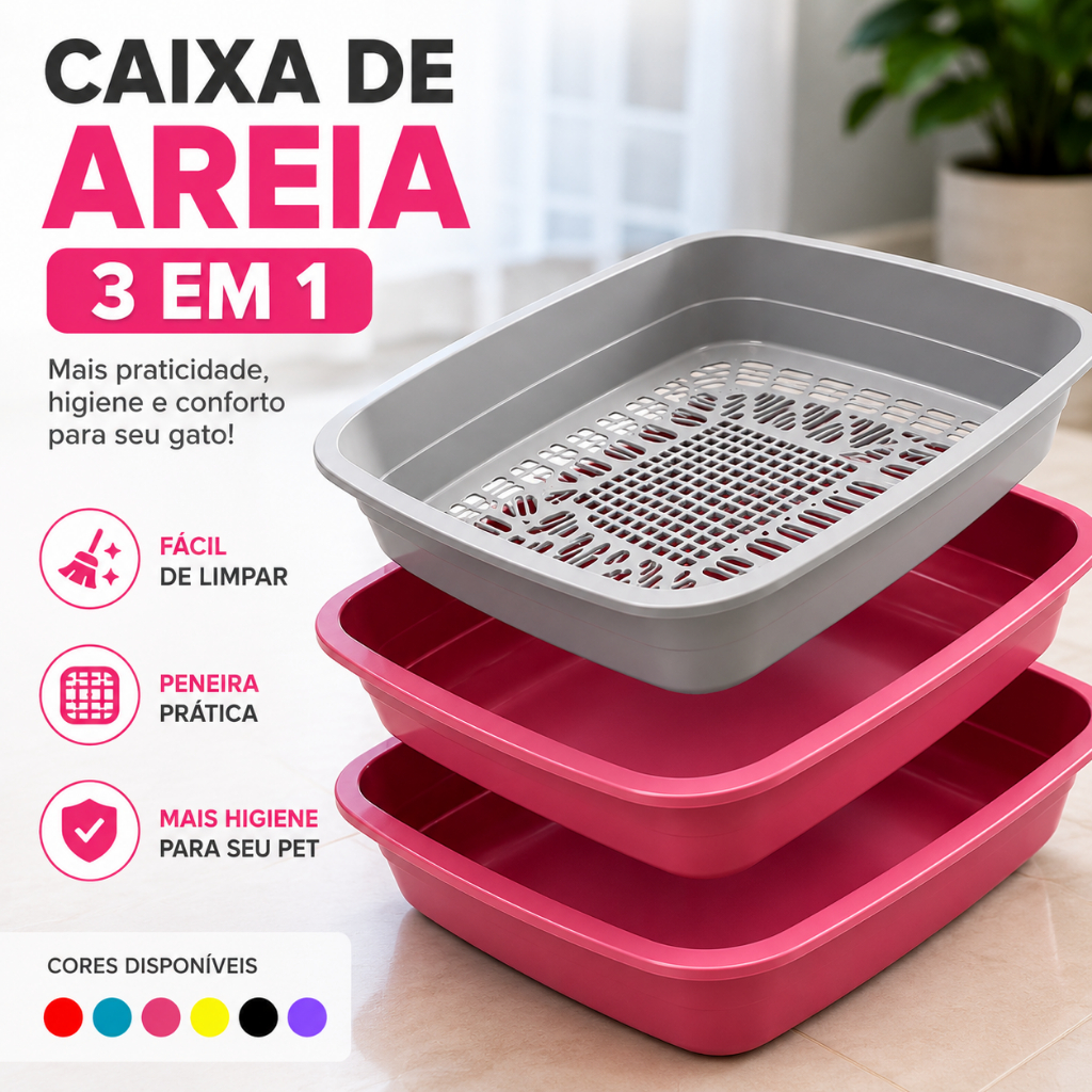Caixa de Areia Para Gatos Banheira Higiênica Furba 3 Peças Com Bandeja Sanitária e Peneira