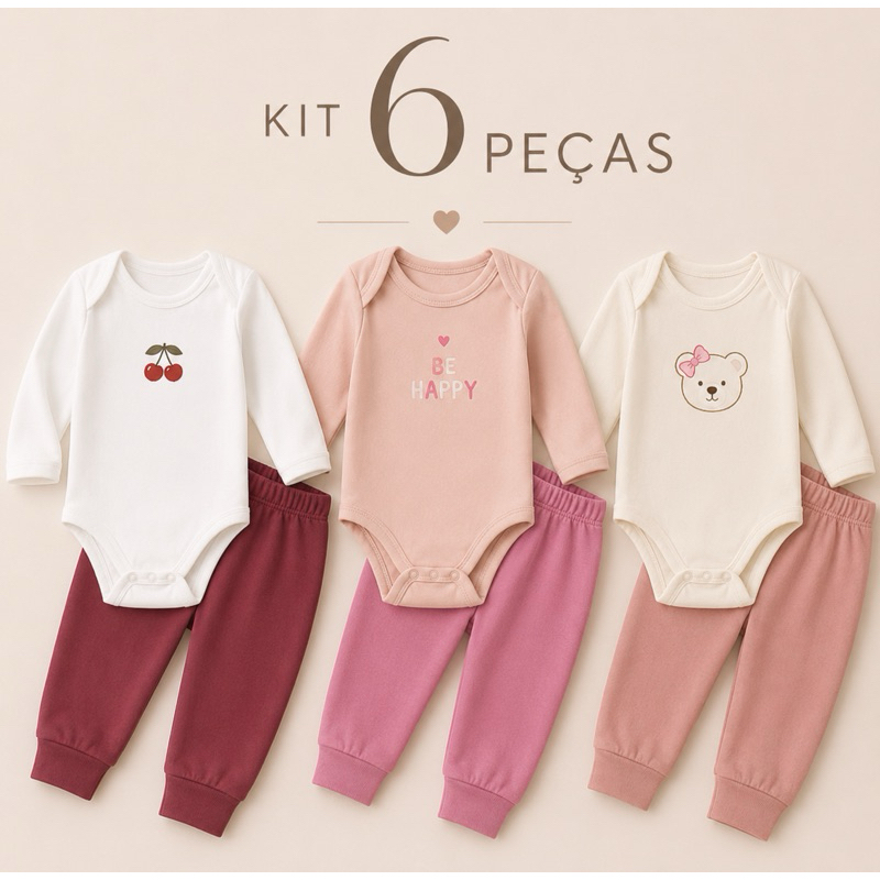 Kit Minimalista 6 Peças Body Bebê Menina Manga Longa e Calça RN ao GG