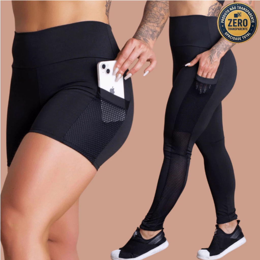 Kit Calça Legging E Short De Bolso Tela Fitness Cintura Alta Feminino Fitness Academia Treino ZERO TRANSPARÊNCIA
