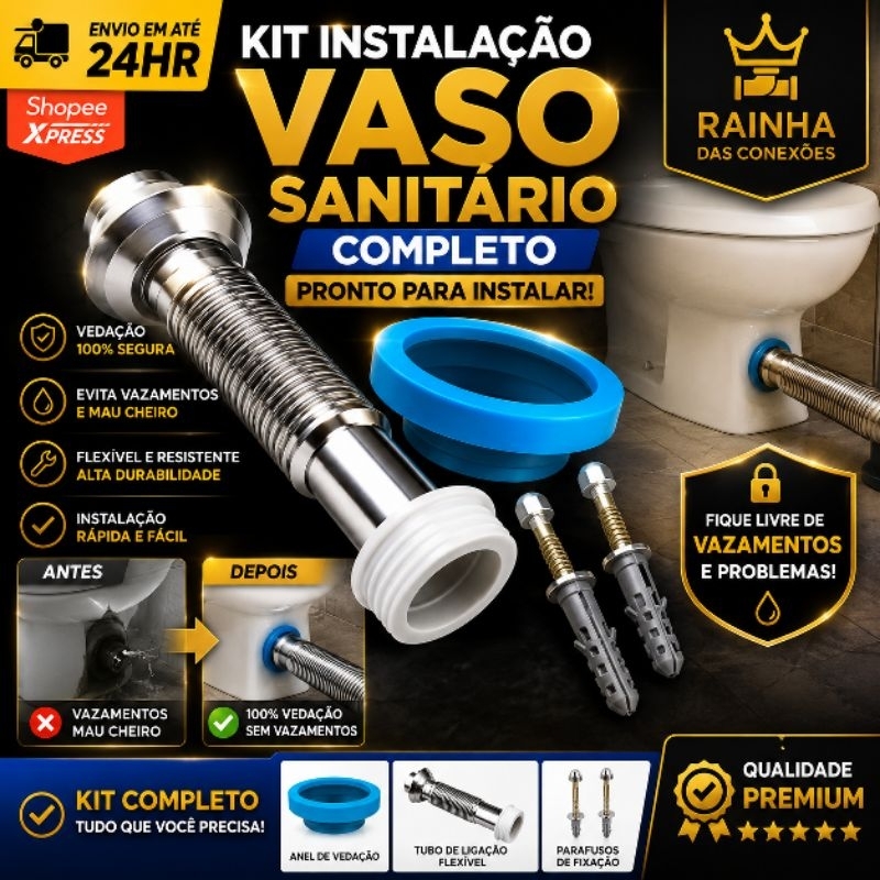 Kit Instalação Vaso Sanitário Privada Banheiro Tubo de Ligação Cromado Flexível + Anel de Vedação + Parafusos
