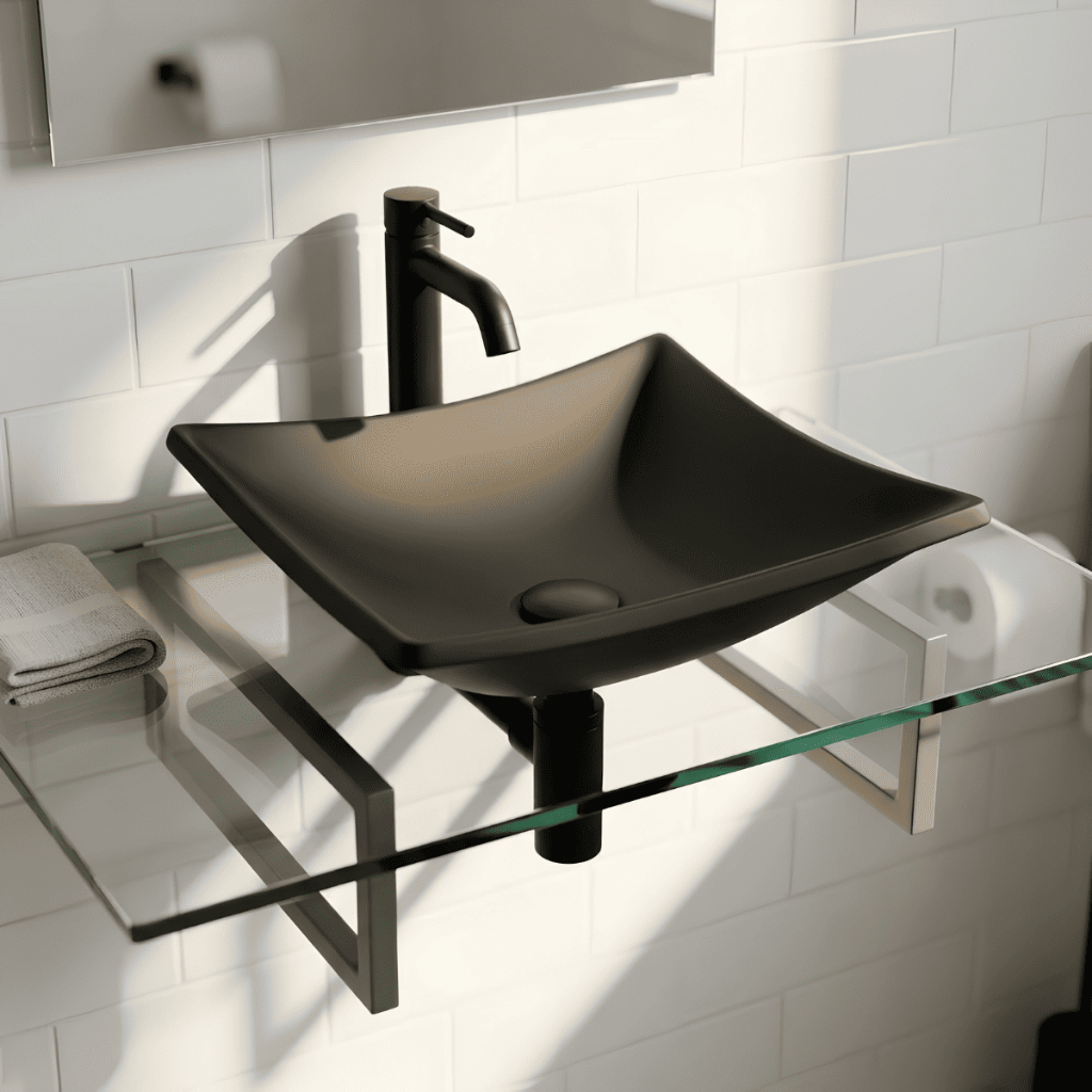 Kit Gabinete Lopazzi Incolor 40x40cm com Cuba Quadrada Preto Fosco e Válvula Preto Fosco para Lavabo Banheiro Decorado