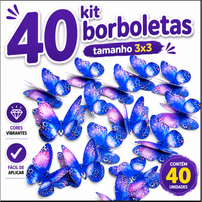 Kit 40 Borboletas 3D Jardim Encantado 3x3cm Para Decoração Festa Infantil Painel Aniversário Lembrancinha Coloridas Leve