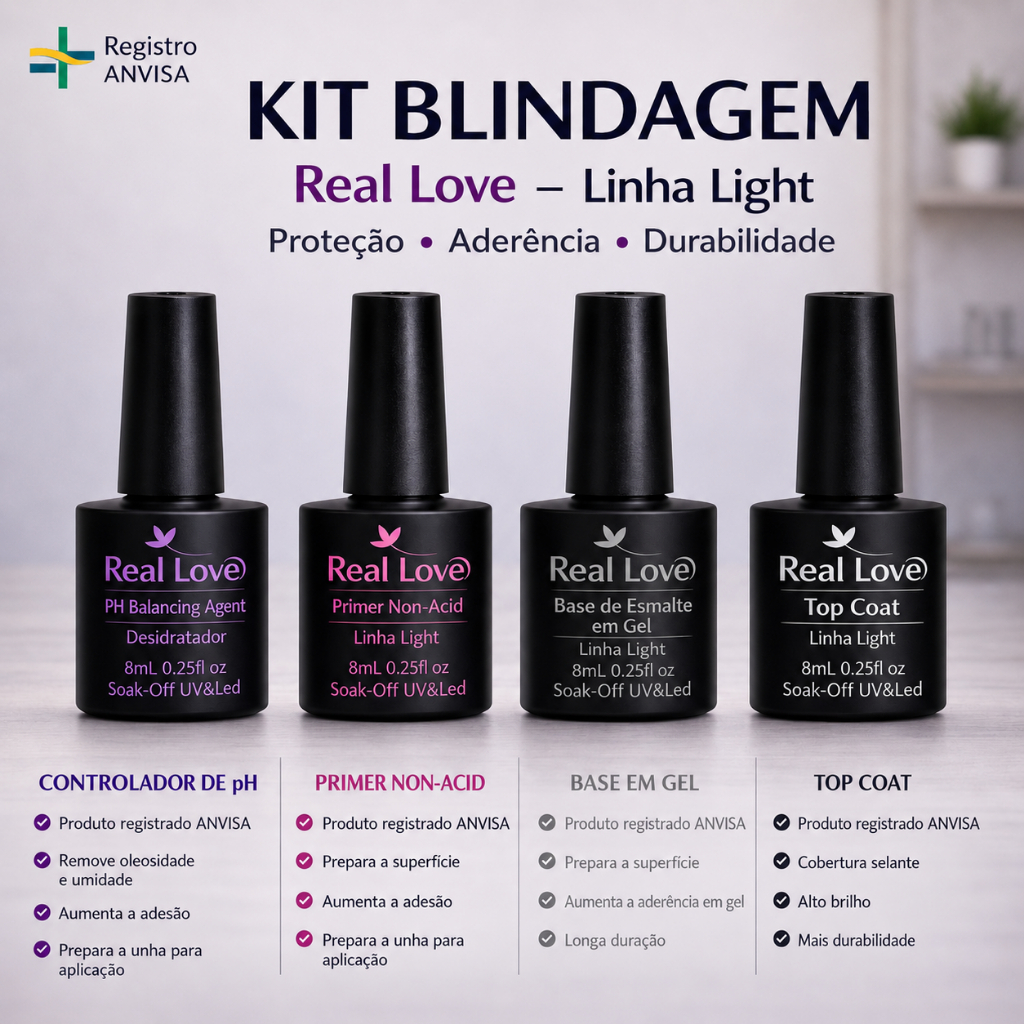 Kit Blindagem Preparadores Unha Em Gel Real Love 8ml - Primer Base em Gel Top Coat PH Desidratador