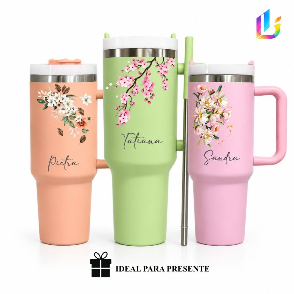 Copo Garrafa Térmico Inox 1.2L Personalizado Aesthetic Floral Feminina Delicada - Presente Premium