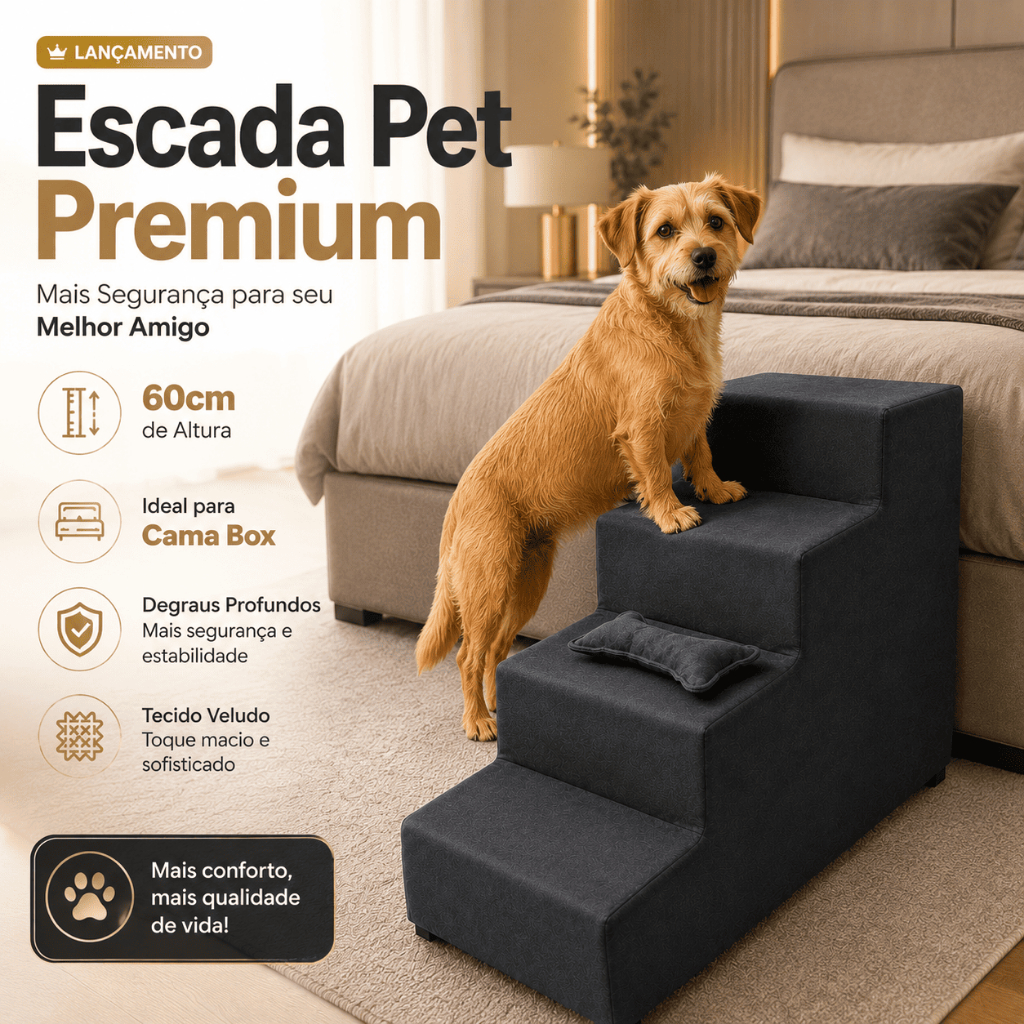 Escada Cachorro Gato 60 cm 4 Degraus Segurança Libertade - Escada de Cachorro Cama Box Sofá