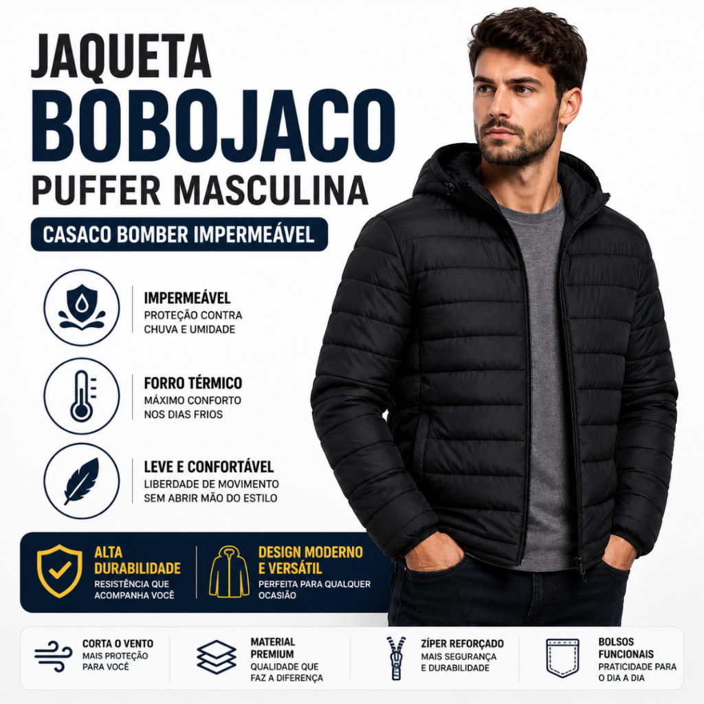 Jaqueta Puffer Bobojaco Masculina Capuz Removivel impermeável Frio Corta Vento