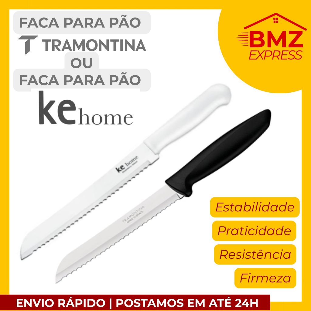 Faca para Pão Tramontina ou KeHome Lâmina em Aço Inox preto/branco - tamanho 7 e 8" - corte perfeito
