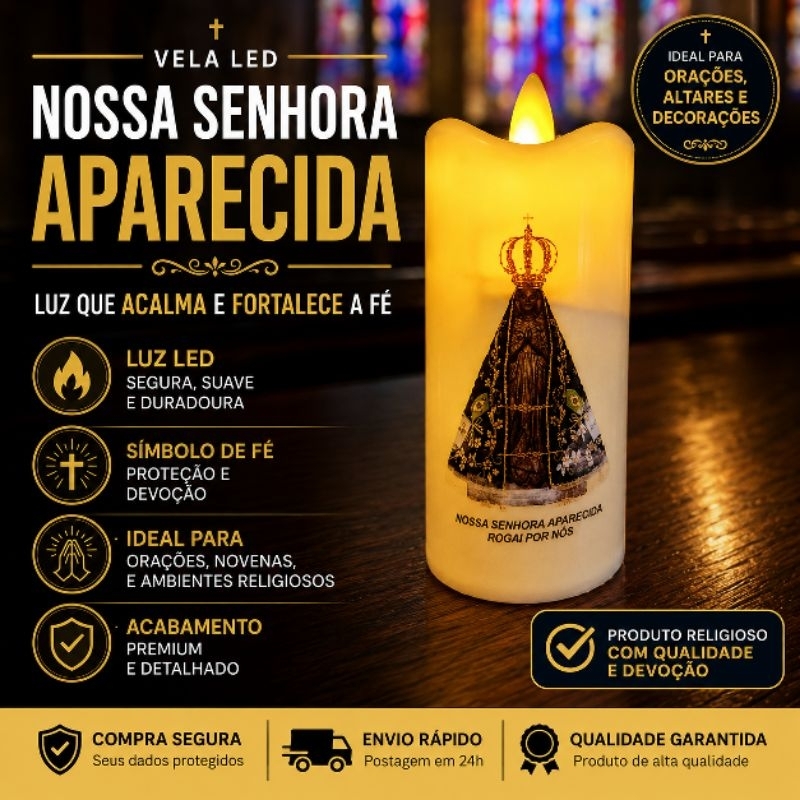 Vela LED Nossa Senhora Aparecida Decorativa Religiosa Luz Quente Para Oração e Decoração