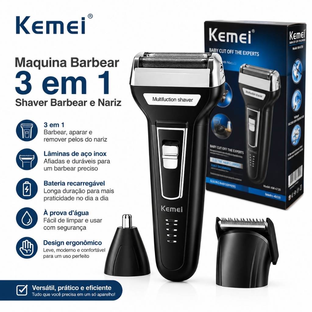 Maquina Barbear 3 em 1 Shaver Kemei KM-6558 Nariz Barba Pelos e Corpo