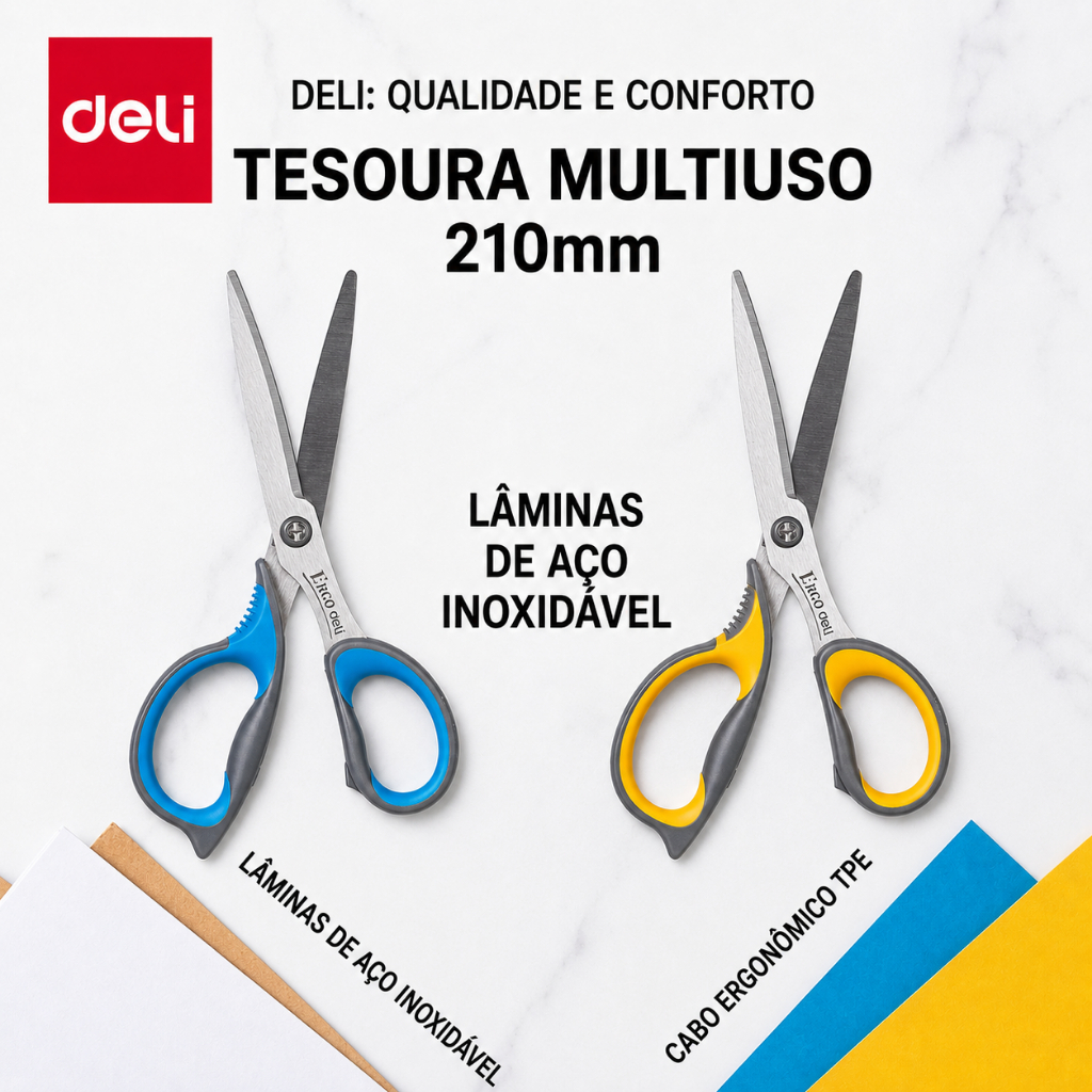 Tesoura Escolar e Escritório Deli 21cm Lâmina Inox Cabo Ergonômico