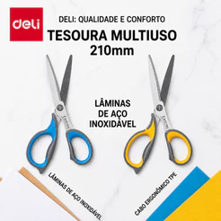Tesoura Escolar e Escritório Deli 21cm Lâmina Inox Cabo Ergonômico