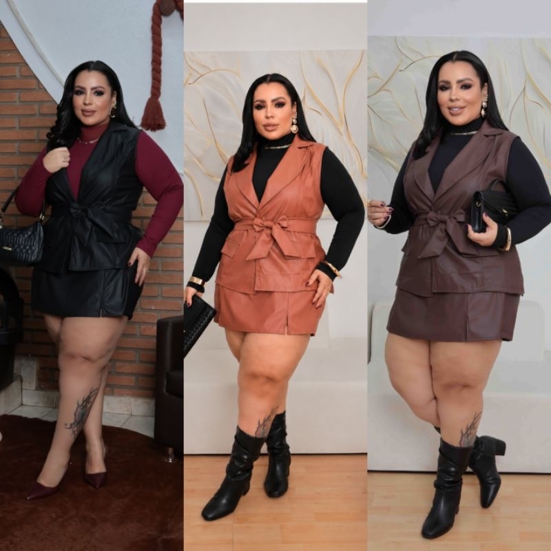 Conjunto Feminino Courino Colete + Shor Saia e Cinto Plus Size Preto Marrom Verde Militar Caramelo