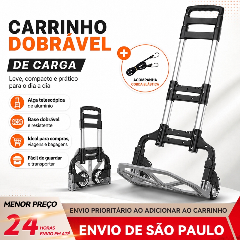 BAIERDI Carrinho de Mão Dobrável 75kg com Roda PU Silenciosa + Corda Elástica Grátis
