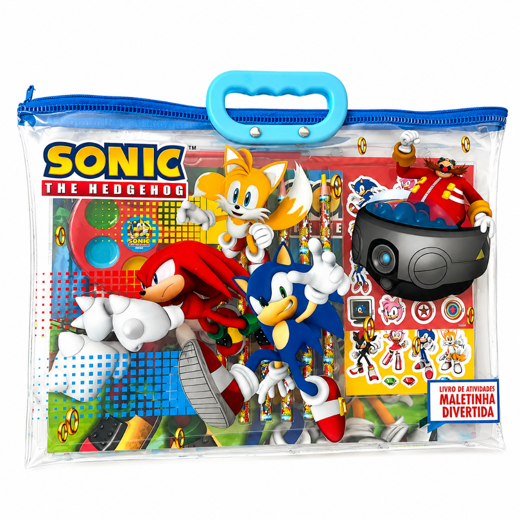 Sonic Maletinha Divertida - Livro para colorir do Sonic com 06 lápis de cor, aquarela e adesivos