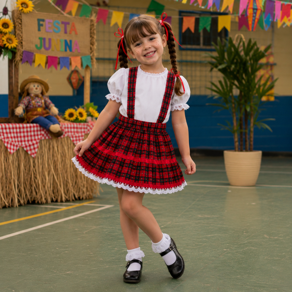 Saia com Suspensório Infantil Vestido de Quadrilha com Calção Festa Junina Junino Caipira São João Julino Arraiá