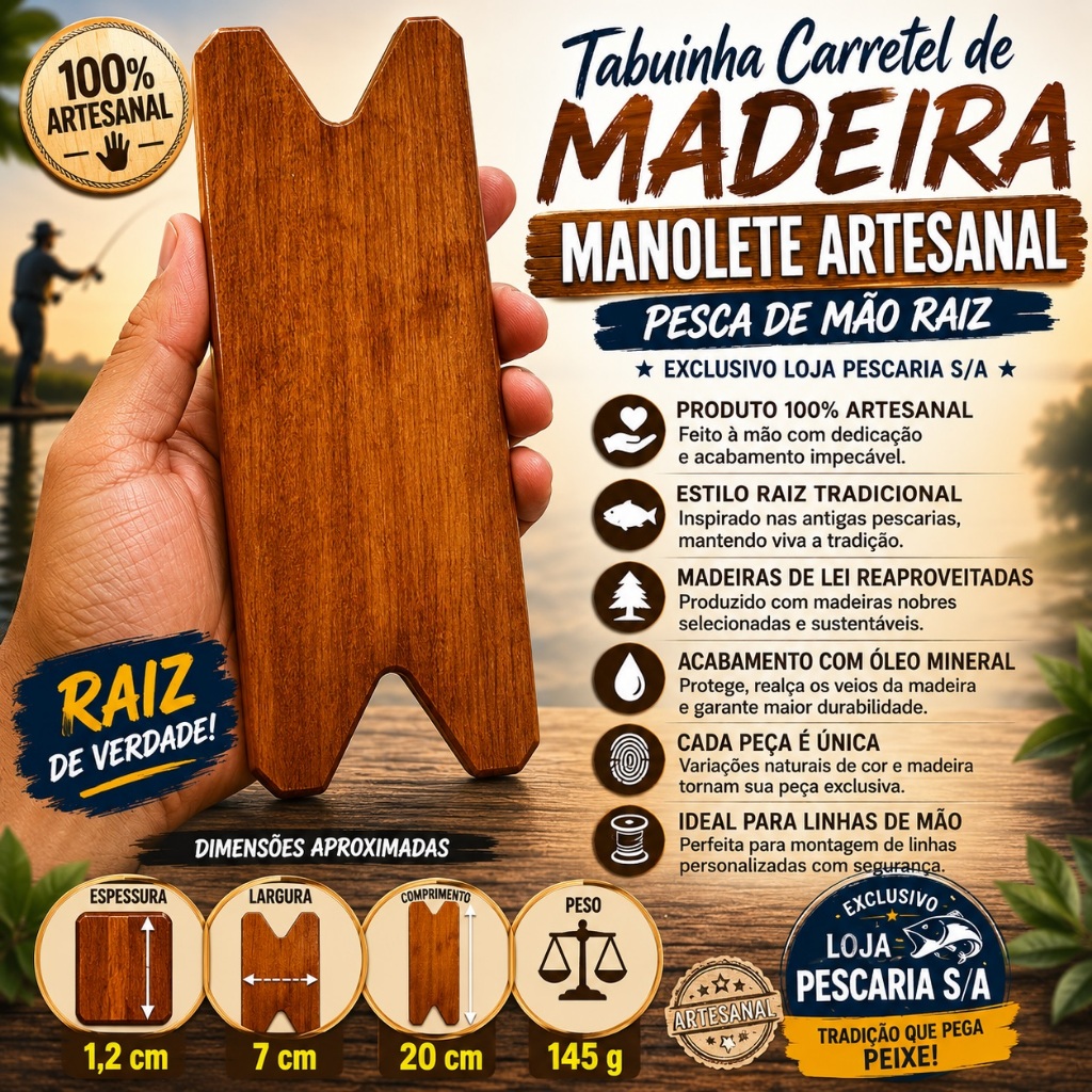 Tabuinha Carretel de Madeira Artesanal pesca manual – Pesca de linha linhada de Mão Raiz Manolete