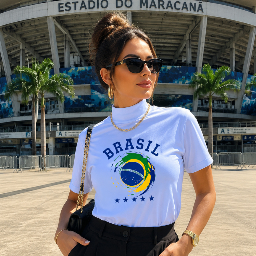 Camiseta T-Shirt Feminina Brasil Estilosa Versátil Confortável 100% Algodão Gola Alta