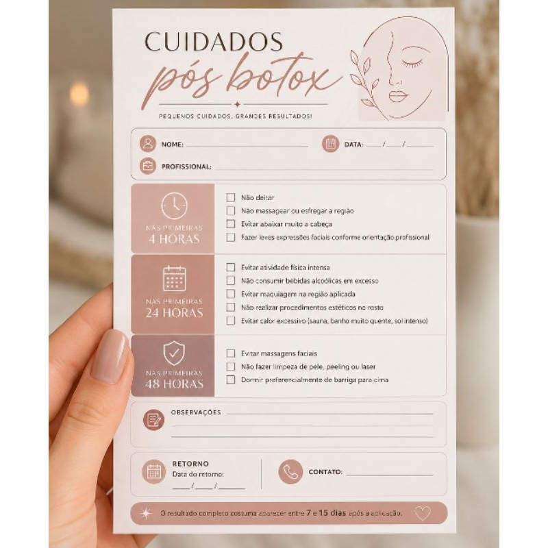 Kit 5 Blocos Cuidados Pós Botox Estética Facial Harmonização Facial Pós Procedimento 10x14 cm