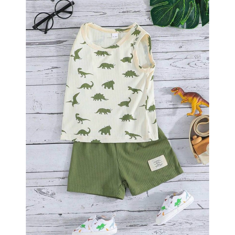 Conjunto Casual De 2 Peças Para Verão - Regata Impressa De Dinossauro Para Bebê Menino E Short Xadrez