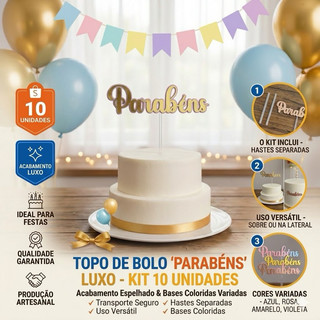 Kit 10 Topos de Bolo Topper "Parabéns" Dourado - Cores Variadas