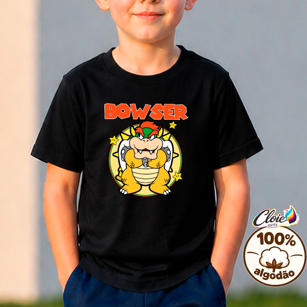 Camiseta Infaltil 100% Algodão Bowser Super  Mario Word Poderoso Estampa Radical Personagem Gamer Divertido Confortavel