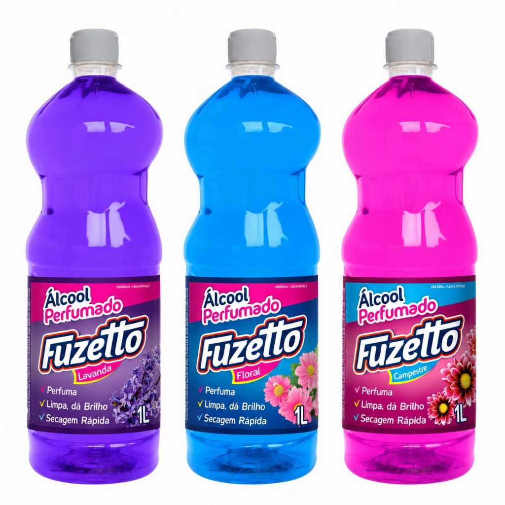 Kit 3 Álcool Perfumado Fuzetto 1L Perfuma Limpa e Dá Brilho