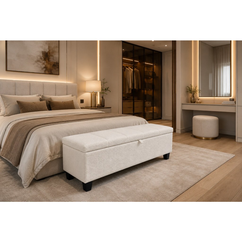 Bau Recamier Cama de Casal 120cm Tecido Boucle Premium Luxo Sapateira Moderno  Puff Baú Multiuso Para Pé de Cama