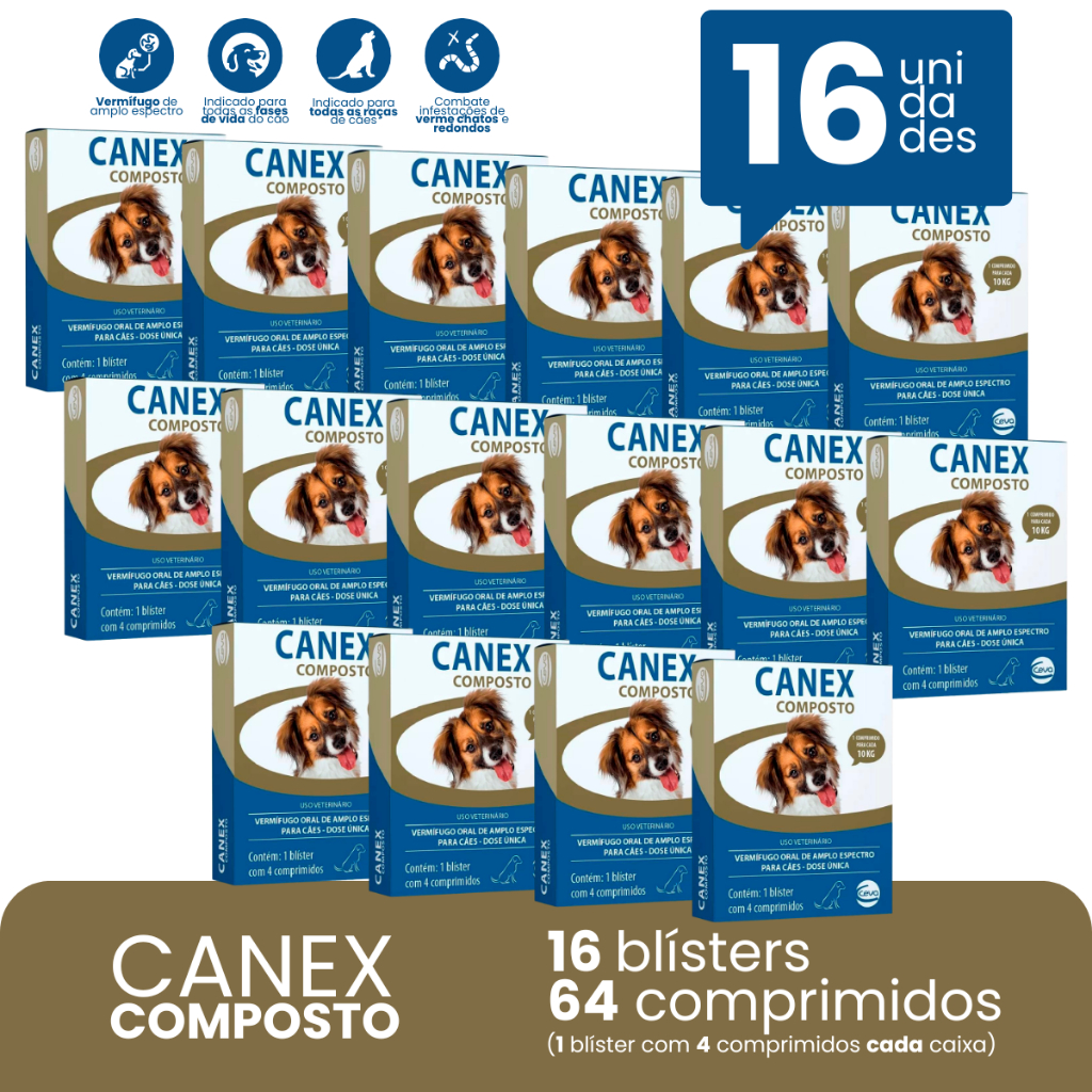 Kit 16 Canex Composto Ceva Vermifugo para Cães - 4 Comprimidos